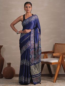 Sooti Syahi - Azure Blue Blossom Hand Floral Print Saree with Unstitched Blouse
