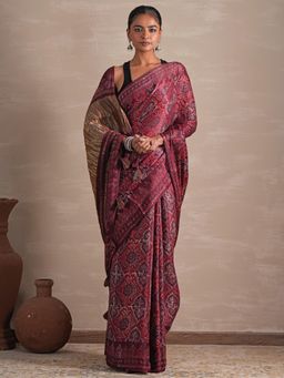 Sooti Syahi - Mahogany Bloom Hand Printed Modal Tissue Saree with Unstitched Blouse