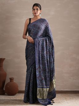 Sooti Syahi - Marine Mirage Hand Printed Modal Tissue Saree with Unstitched Blouse