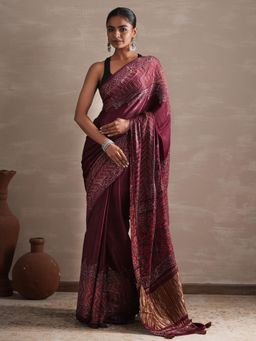 Sooti Syahi - Vermilion Veil Wine Hand Printed Saree with Unstitched Blouse
