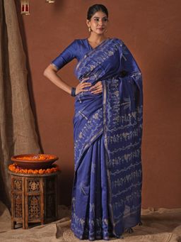 Sooti Syahi - Golden Ocean Hand Printed Chanderi Silk Saree with Unstitched Blouse