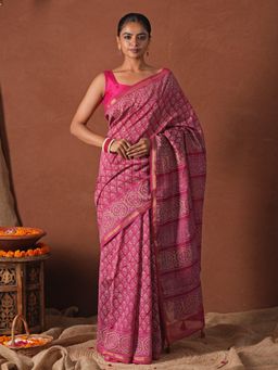 Sooti Syahi - Azure Pink Gold Hand Printed Chanderi Silk Saree with Unstitched Blouse