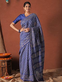 Sooti Syahi - Celestial Blue Printed Chanderi Silk Saree with Unstitched Blouse