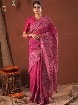 Sooti Syahi - Majestic Golden Printed Chanderi Silk Saree with Unstitched Blouse