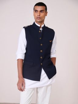 S&N by Shantnu Nikhil - Navy Blue Rayon Blend Sleeveless Waistcoat