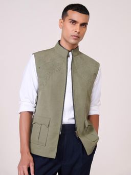 S&N by Shantnu Nikhil - Green Lyocell Blend Sleeveless Waistcoat