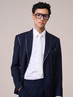 S&N by Shantnu Nikhil - Navy Blue Terry Rayon Blend Full Sleeves Blazer