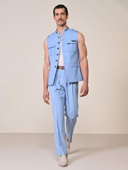 S&N by Shantnu Nikhil - Blue Rayon Blend Sleeveless Waistcoat
