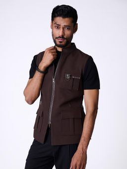 S&N by Shantnu Nikhil - Brown Rayon Blend Sleeveless Jacket