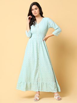 SHOWOFF - Womens Self Design Sea Green Fit and Flare Schiffli Dress