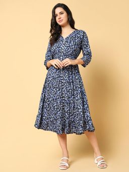 SHOWOFF - Womens Floral Print Navy Blue Fit and Flare Dress