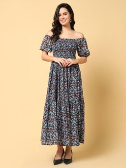 SHOWOFF - Womens Floral Print Black Fit and Flare Dress