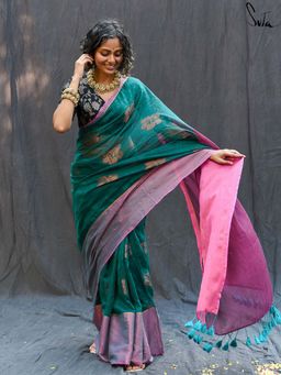 Suta - Women Teal Cotton Woven Saree