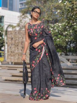 Suta - Women Black Linen Blend Floral Saree