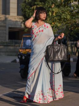Suta - Women Blue Linen Blend Floral Saree