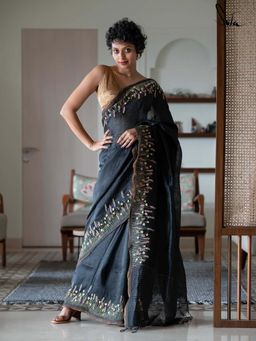 Suta - Women Black Linen Embroidered Saree