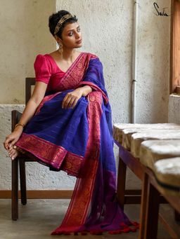 Suta - Women Blue Cotton Woven Saree