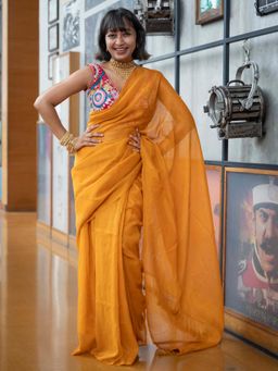 Suta - Women Mustard Cotton Stripes Saree