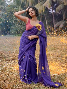 Suta - Women Purple Cotton Embroidered Saree