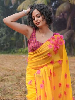 Suta - Women Yellow Cotton Embroidered Saree