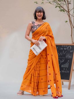 Suta - Women Mustard Cotton Embroidered Saree