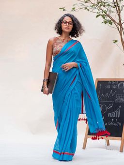 Suta - Women Blue Cotton Solid/Plain Saree