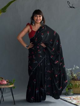 Suta - Women Black Cotton Embroidered Saree
