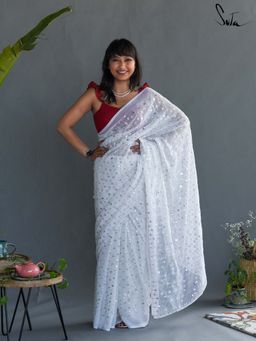 Suta - Women White Cotton Embellished/Sequined Saree