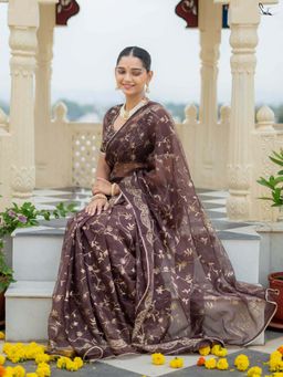 Suta - Women Brown Organza Embellished/Sequined Saree