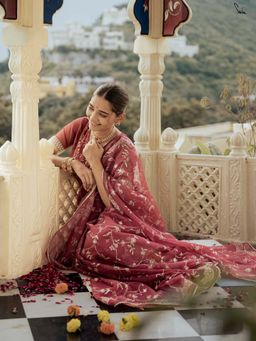 Suta - Women Maroon Organza Embellished/Sequined Saree