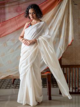 Suta - Women White Cotton Silk Woven Saree