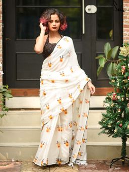 Suta - Women White Cotton Floral Saree