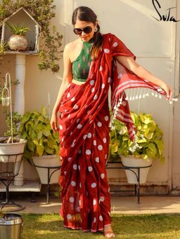 Suta - Women Red Cotton Polka Dots Saree