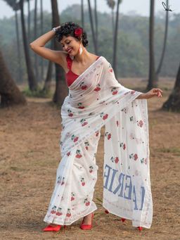 Suta - Women White Cotton Embroidered Saree
