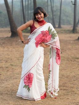 Suta - Women White Cotton Floral Saree