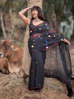 Suta - Women Black Cotton Embroidered Saree