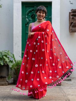 Suta - Women Red Cotton Embroidered Saree