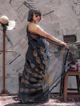Suta - Women Black Cotton Silk Woven Saree