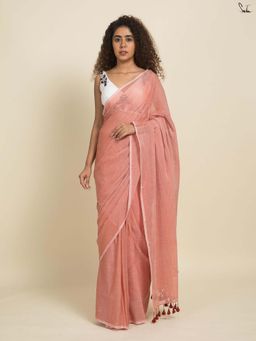Suta - Women Peach Cotton Solid/Plain Saree