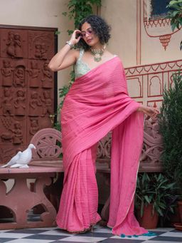 Suta - Women Pink Tissue Solid/Plain Saree