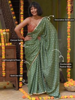 Suta - Women Olive Viscose Embellished/Sequined Saree
