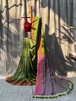 Suta - Women Olive Cotton Woven Saree