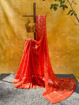 Suta - Women Orange Organza Woven Saree