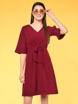 Martini - Maroon Tie Up Knee Length Dress