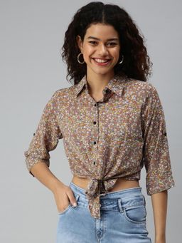 SHOWOFFFF - Women Collar Neck Three Fourth Sleeves Floral Taupe Crop Top