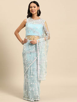 Chhabra 555 - Turquoise Sequin Embellished Embroidered Saree with Unstitched Blouse