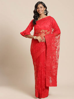 Chhabra 555 - Red Floral Embroidered Saree with Unstitched Blouse
