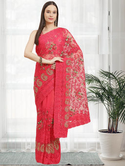 Chhabra 555 - Coral Floral Embroidered Saree with Unstitched Blouse