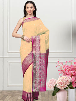 Chhabra 555 - Beige Floral Handloom Saree with Unstitched Blouse