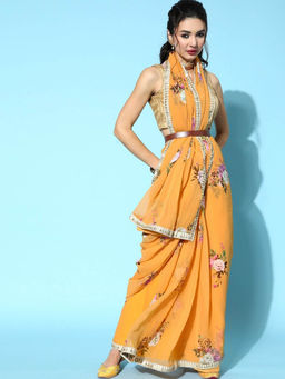 Chhabra 555 - Mustard Floral Printed Saree with Unstitched Blouse